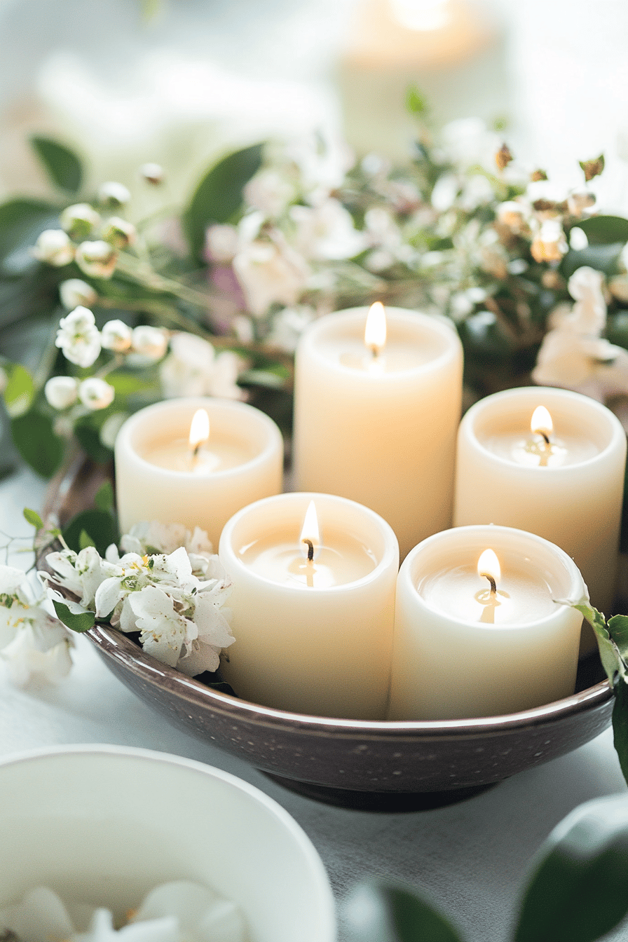 Eine dekorative Schale mit brennenden, cremigen Kerzen umgeben von weißen Blüten.