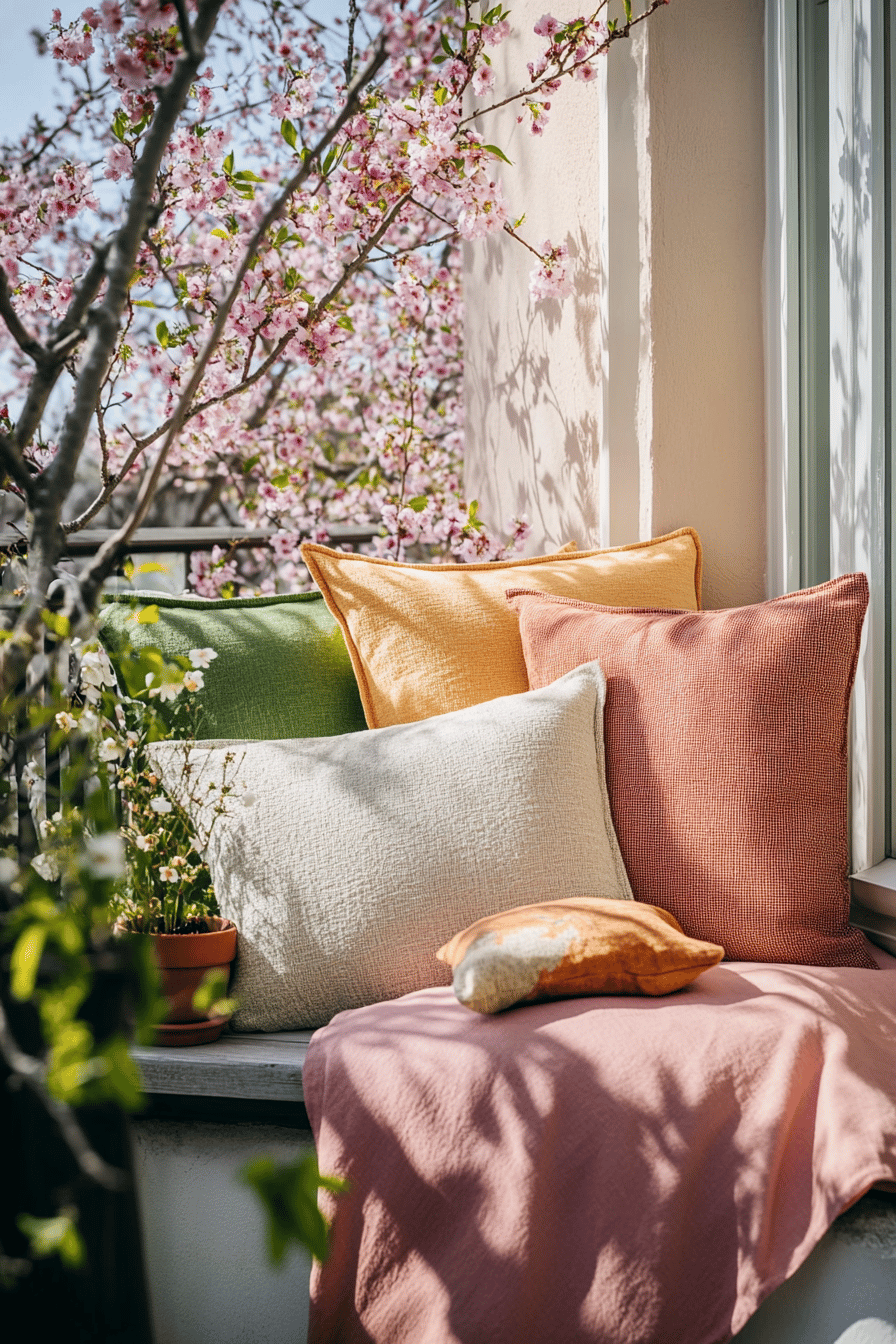 Balkon mit Kissen und Decken in Pastellfarben neben blühenden Kirschbäumen.