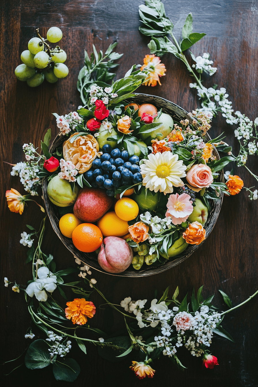 Dekorative Schale mit buntem Obst und Blumen.