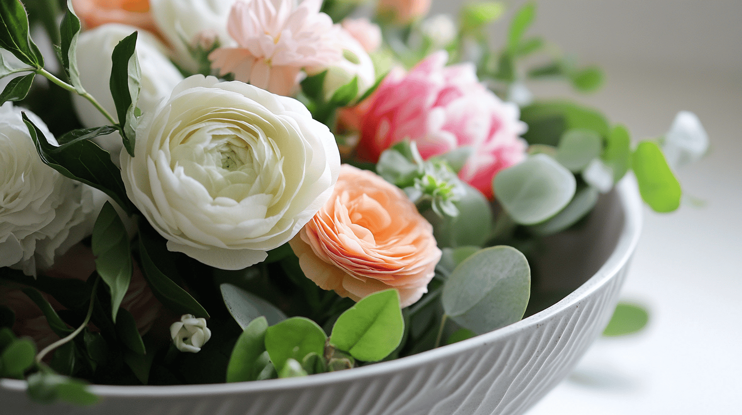 Blumenschale mit Rosen und grünen Blättern