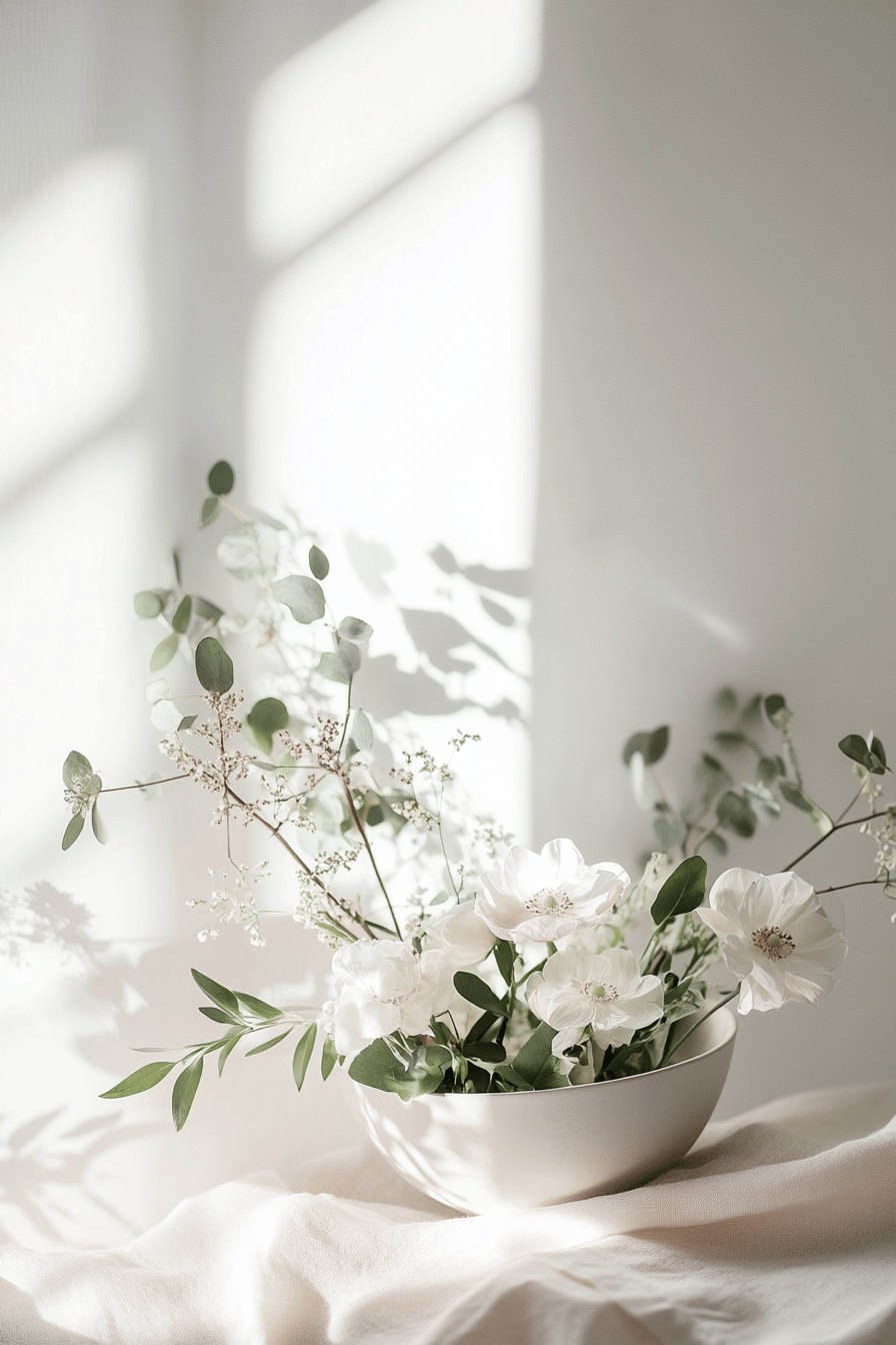 Eine minimalistische Schale mit weißen Blüten vor einem sanften Hintergrund.