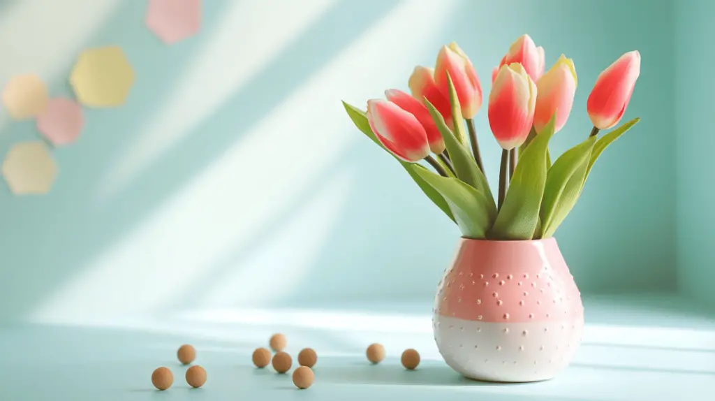 Rosa Tulpen in der Vase auf Tisch.