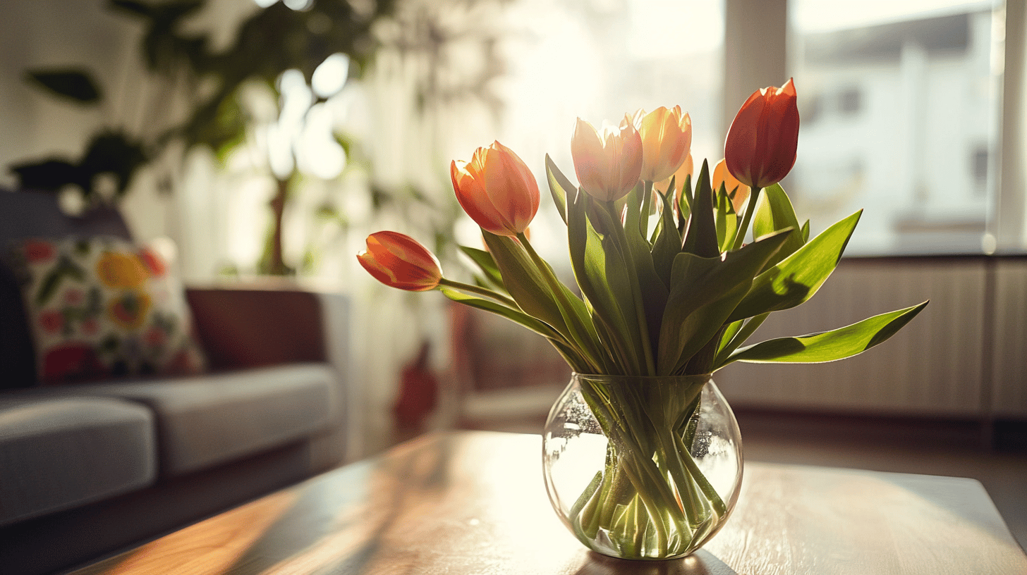 Tulpenstrauß im Sonnenlicht auf Tisch