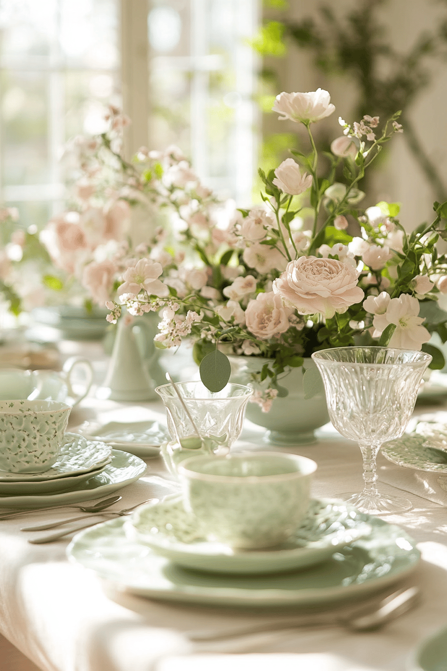 Ein elegant dekorierter Tisch mit pastellfarbenem Geschirr und zarten Frühlingsblumen.