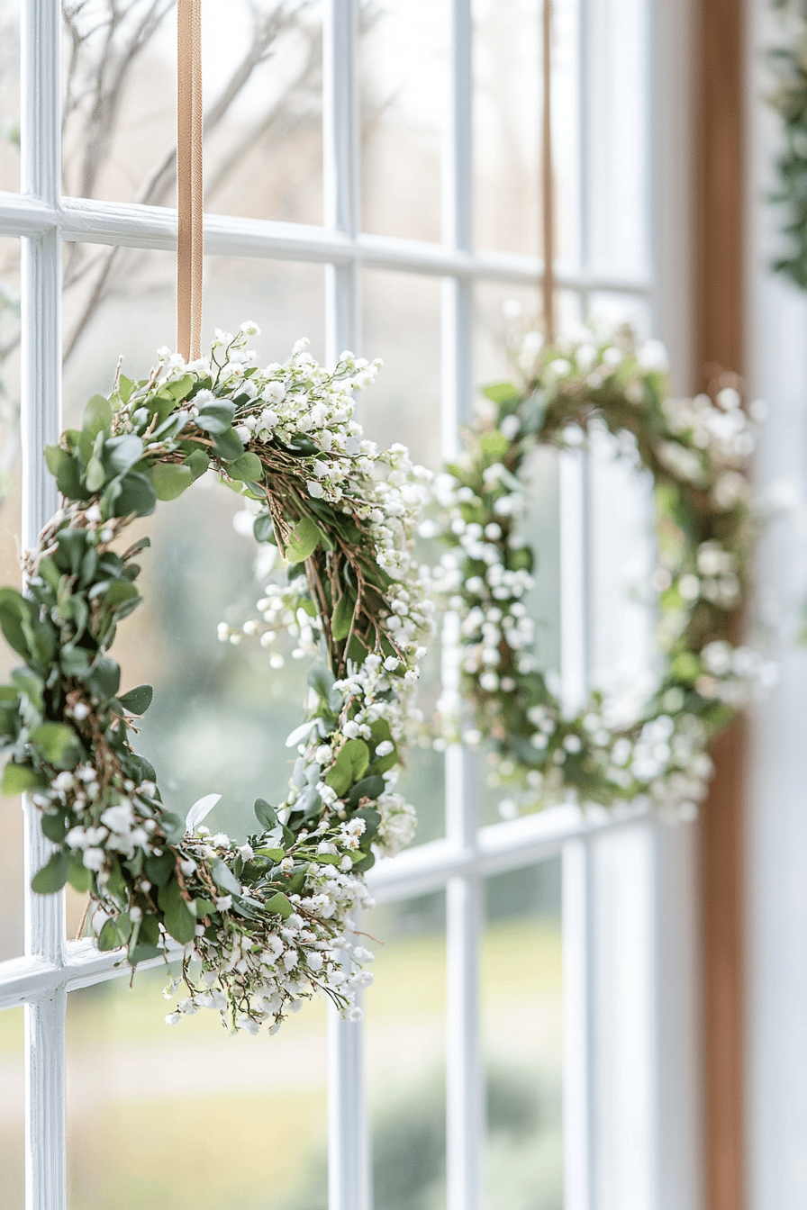 Ein floraler Frühlingskranz hängt an einem Fenster.