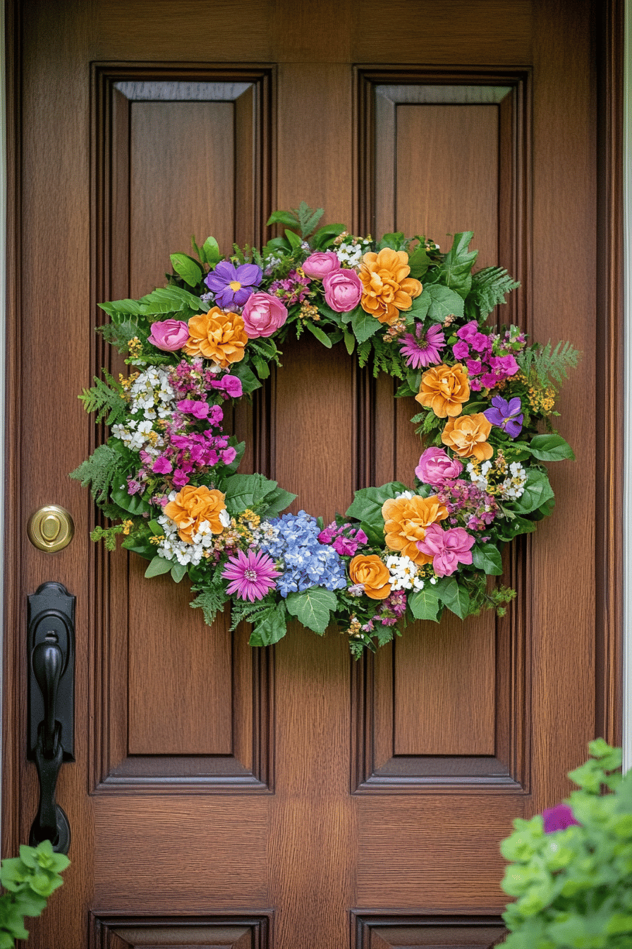 Ein farbenfroher Kranz mit Blumen an einer Holzhaustür.