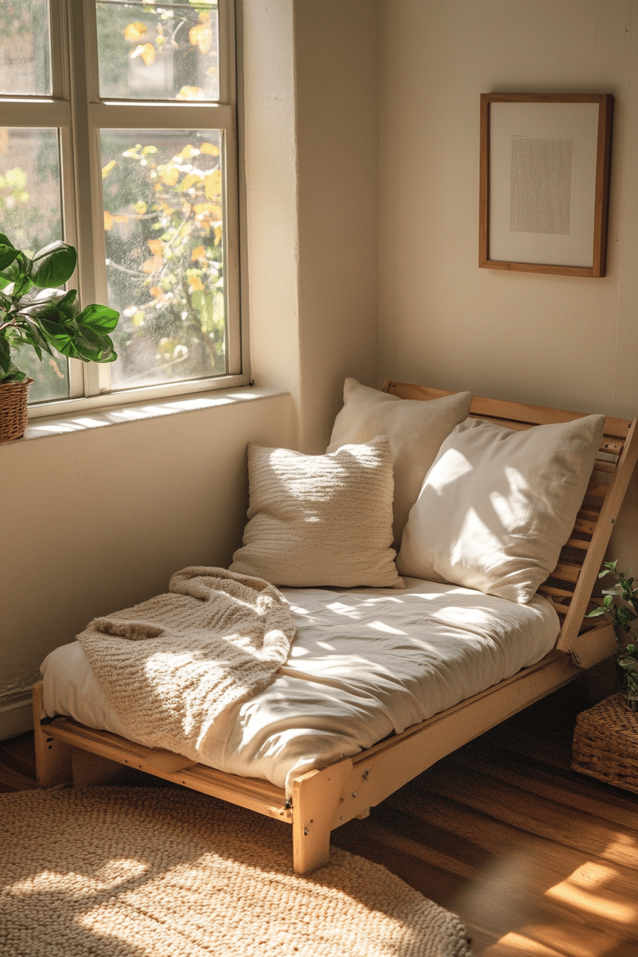 Kleines Zimmer mit einem gemütlichen Futon Klappbett neben einem Fenster.