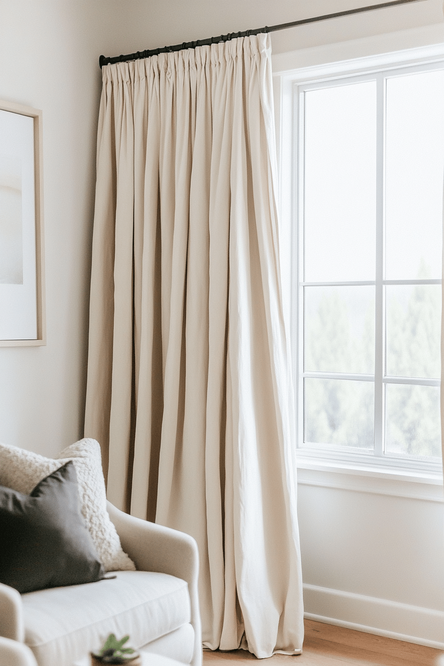 Helle Gardinen neben einem Fenster in einem gemütlichen Wohnzimmer.