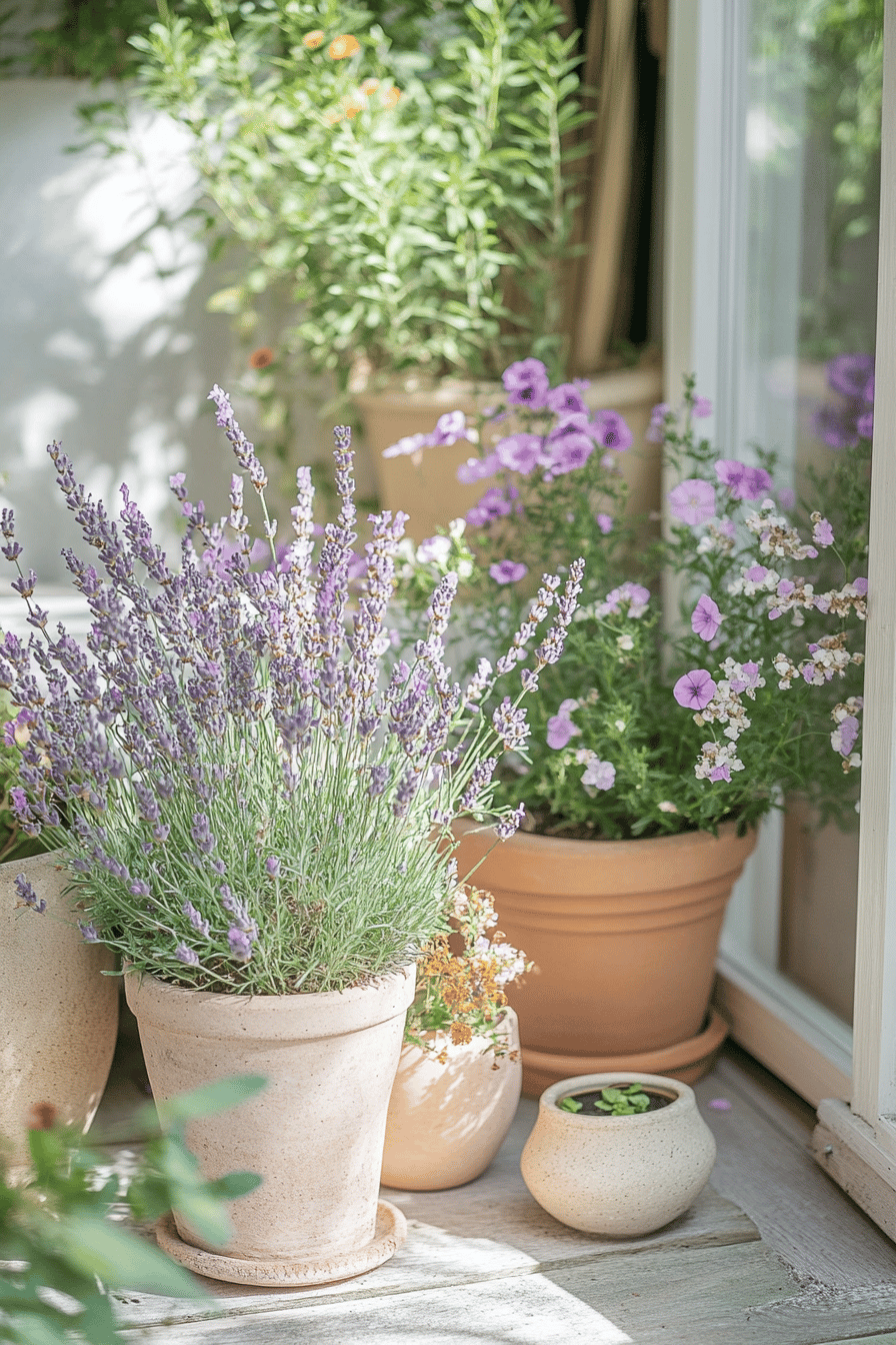 Verschiedene Blumentöpfe mit Lavendel und anderen bunten Blüten auf einer Terrasse.