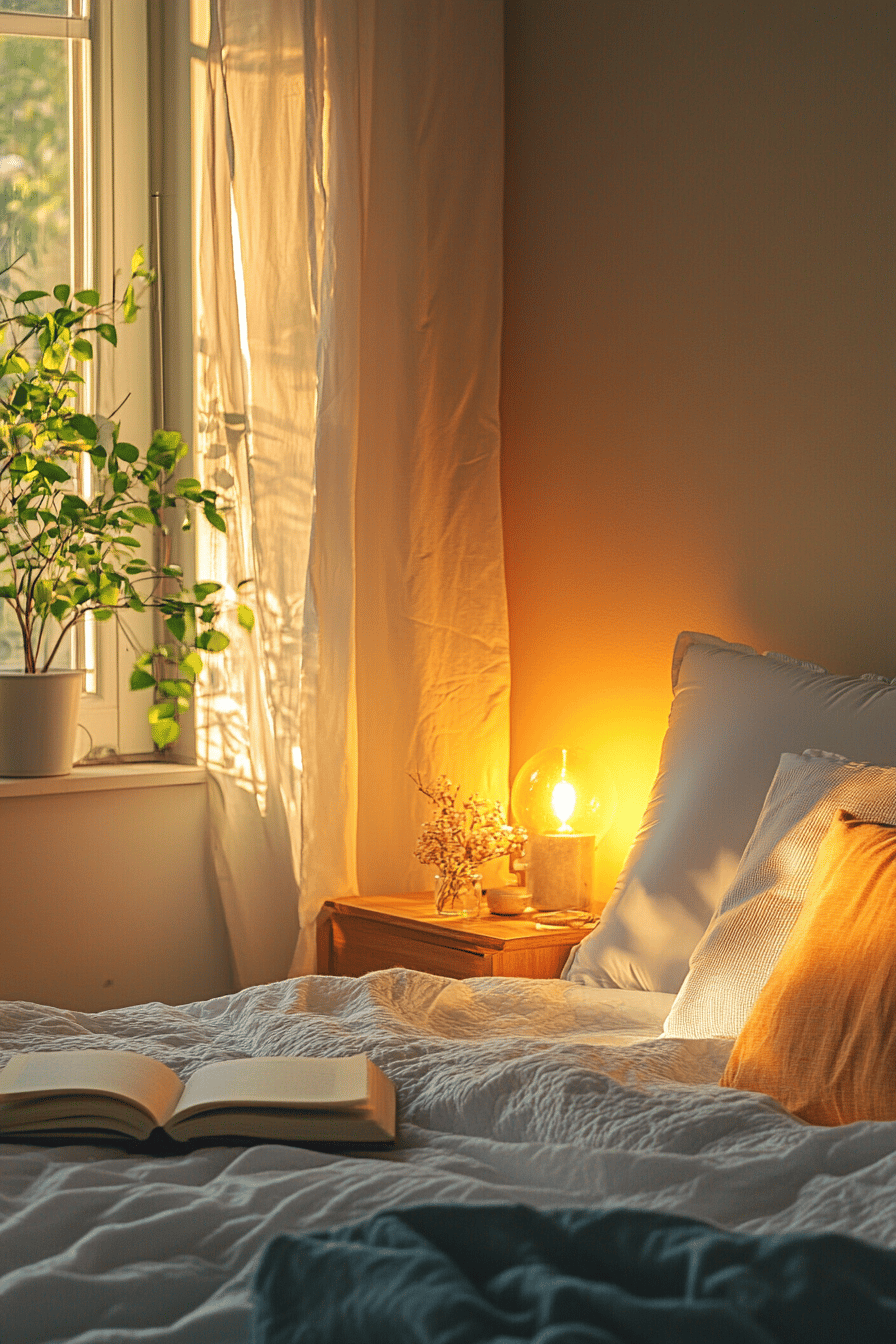 Ein aufgeräumtes Schlafzimmer mit weicher Beleuchtung und einem Buch auf dem Bett.