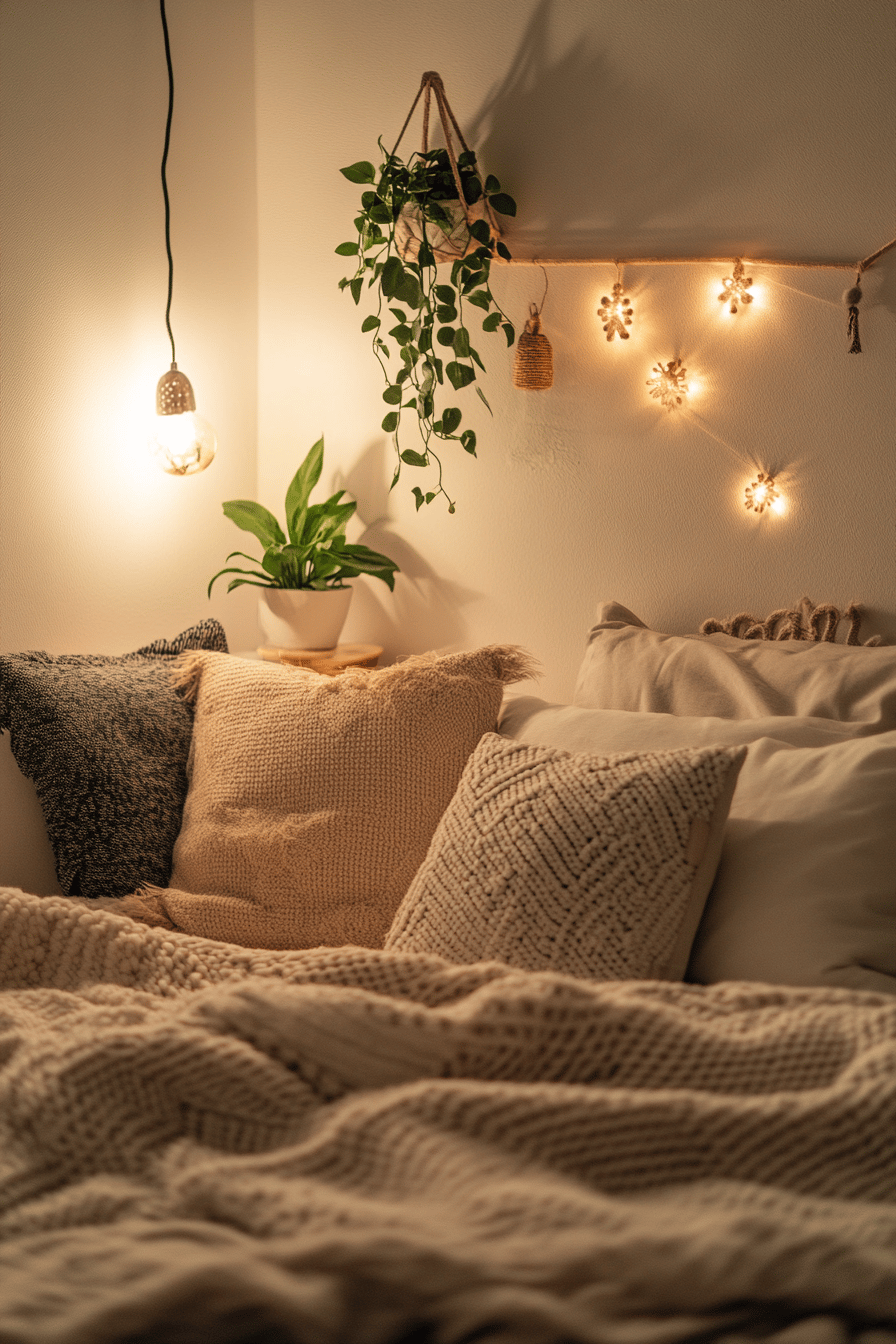 Gemütlich dekoriertes Schlafzimmer mit Kissen, Decke und Pflanzen.