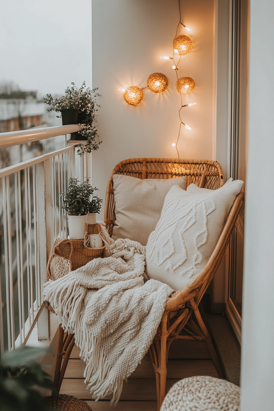 Ein schmaler Balkon mit gemütlichen Kissen, Decken und Lichterketten.