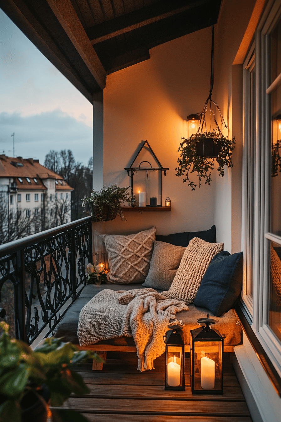 Ein stimmungsvoll beleuchteter Balkon mit Kissen, Decken und Kerzen.