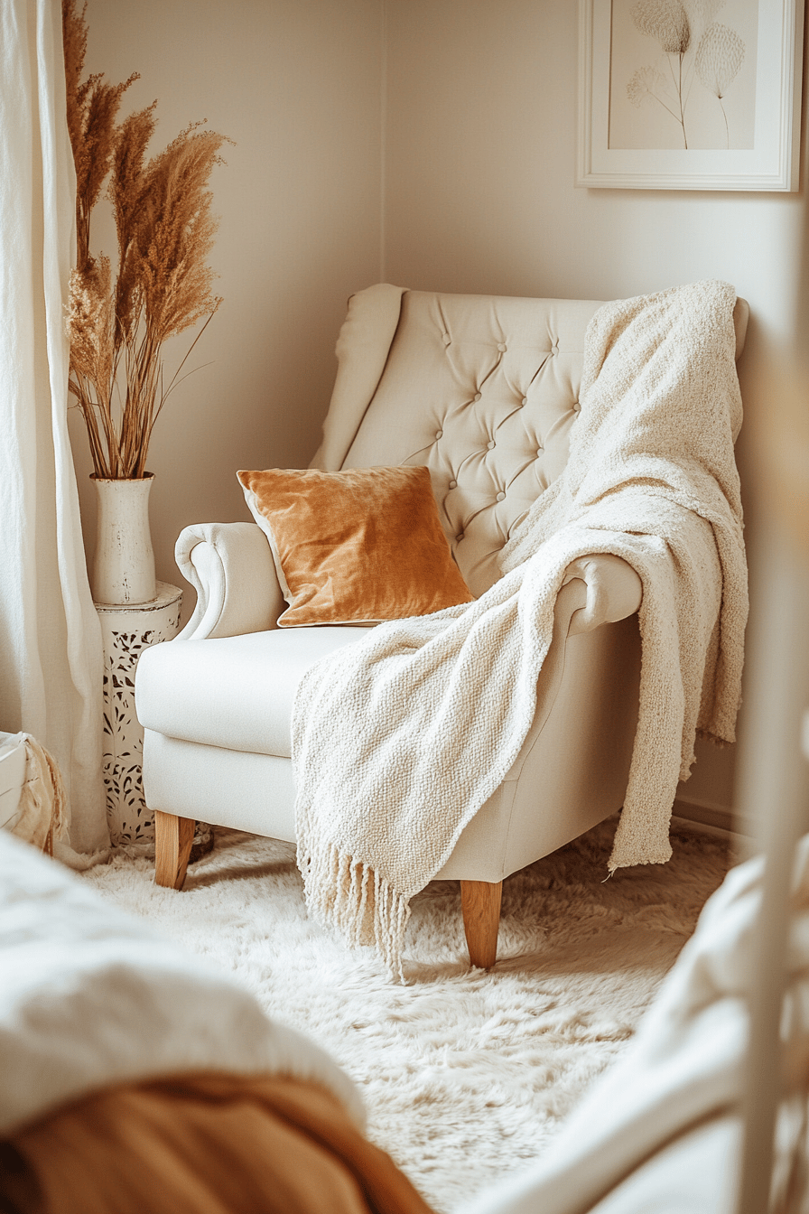 Gemütlicher Sessel mit Kissen und Decke in einem Schlafzimmer.
