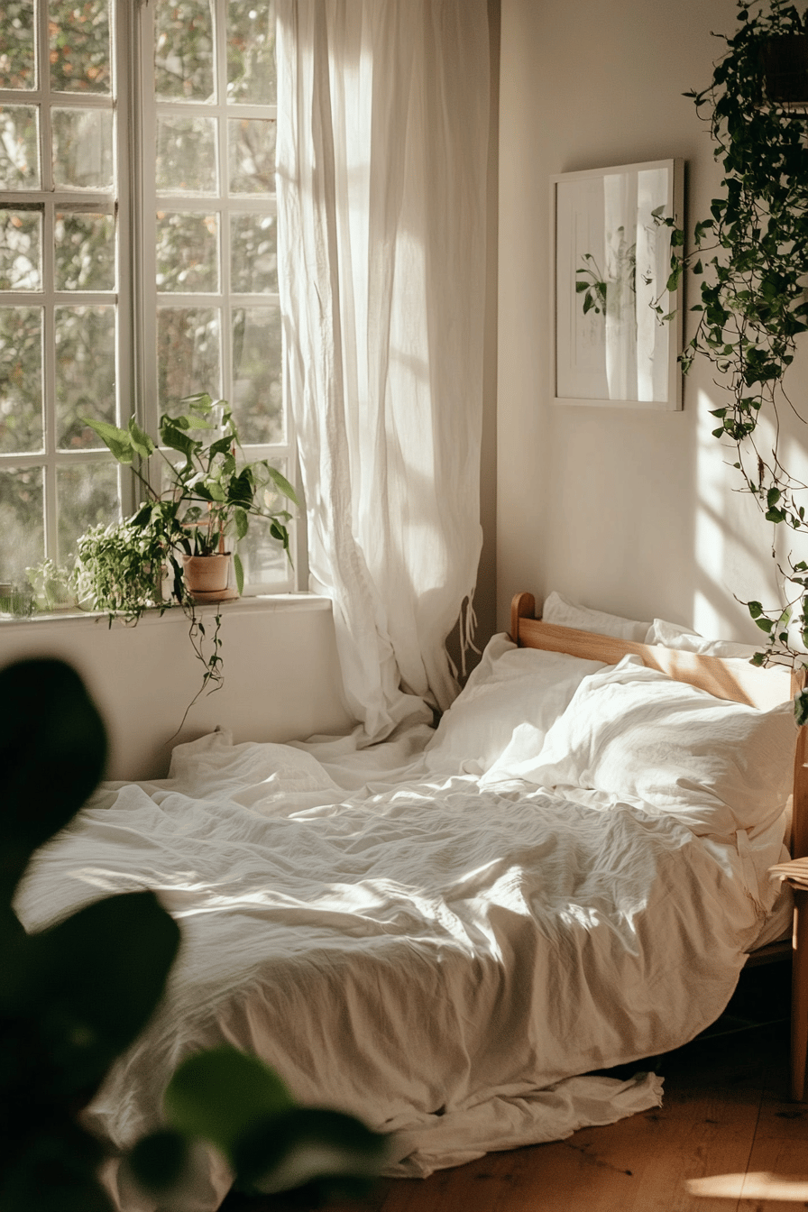 Ein helles Schlafzimmer mit einem Bett, umgeben von Pflanzen und Sonnenlicht.