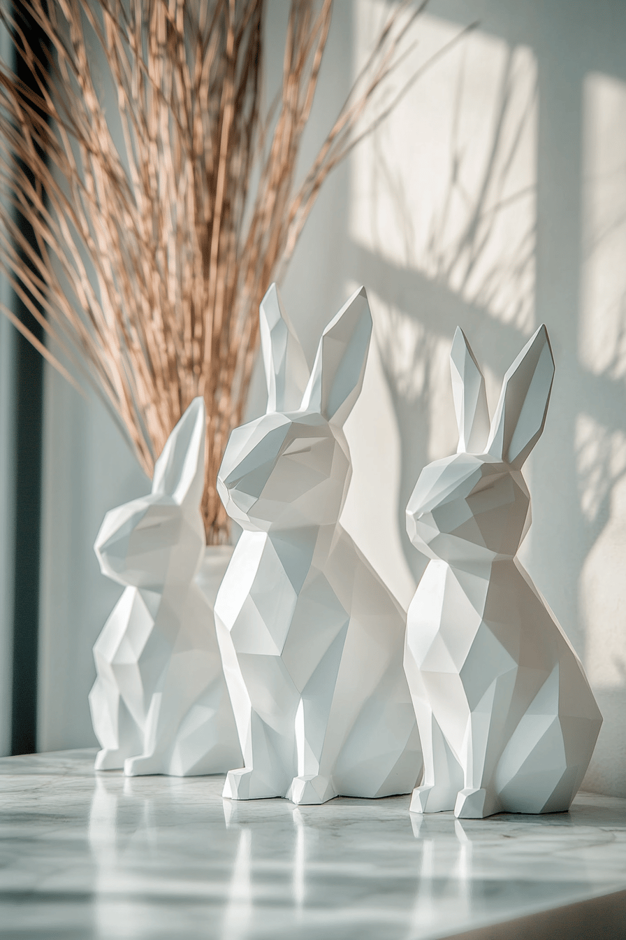Drei weiße geometrische Hasenfiguren auf einem Tisch mit Zweigen im Hintergrund.