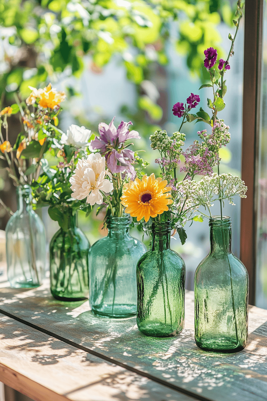 Grüne Glasflaschen, die als Vasen für bunte Blumen verwendet werden.