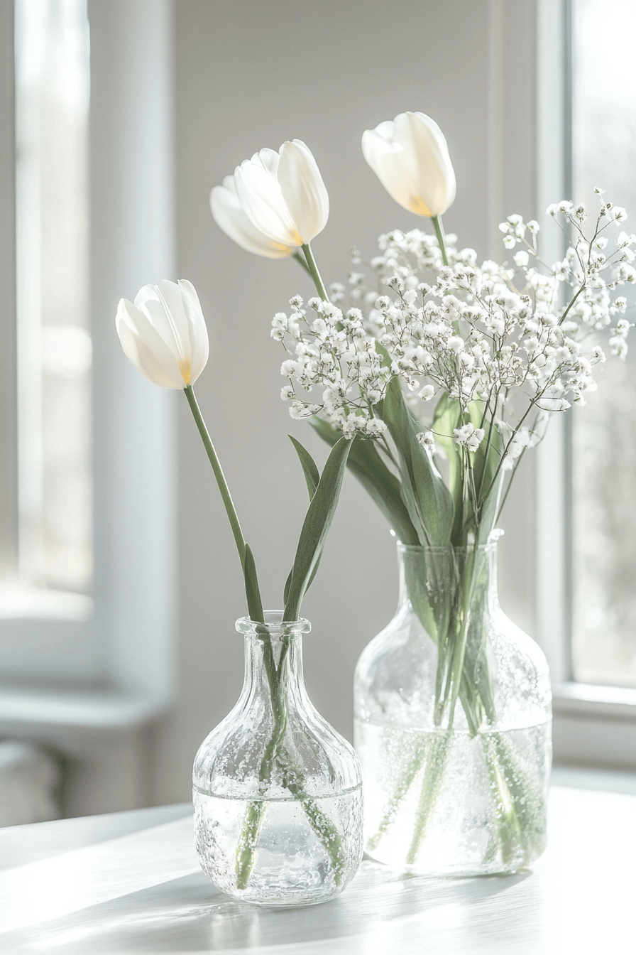 Zwei Glasvasen mit weißen Tulpen und Schleierkraut auf einem Tisch.