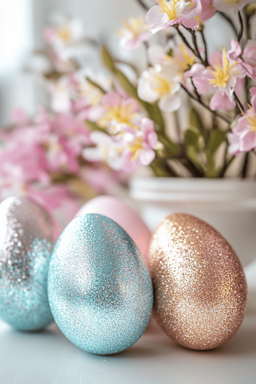 Silberne, blaue und goldene glitzernde Ostereier vor Frühlingsblumen.