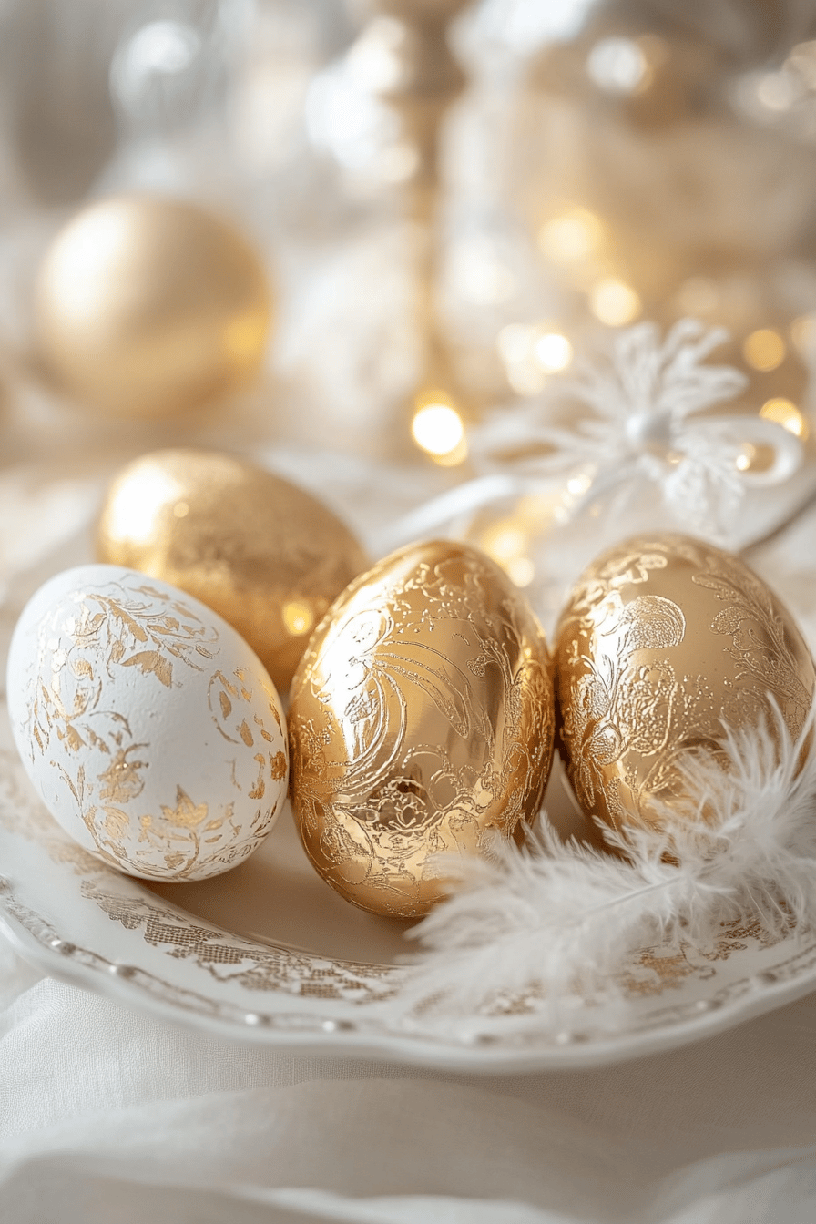Ostereier mit glänzender Goldfolie verziert auf einem Teller.