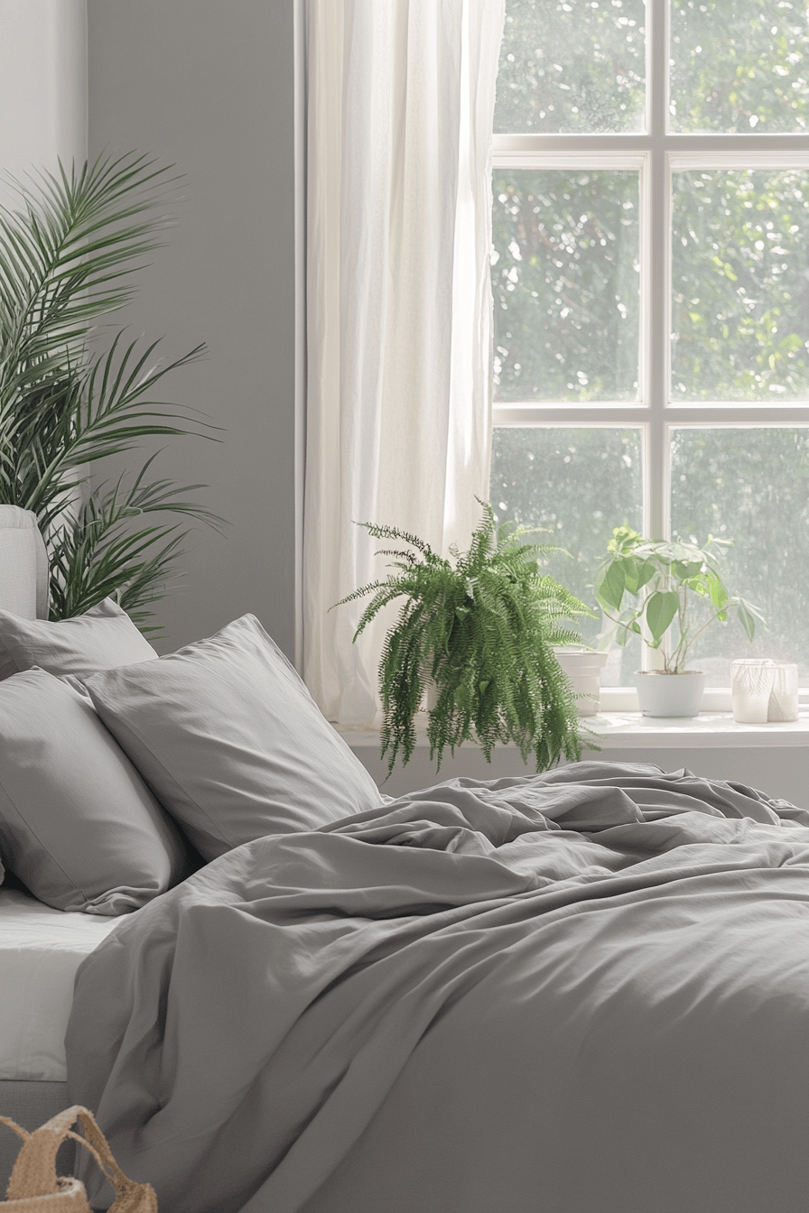 Graues Bett in einem hellen, gemütlichen Schlafzimmer mit Pflanzen am Fenster.