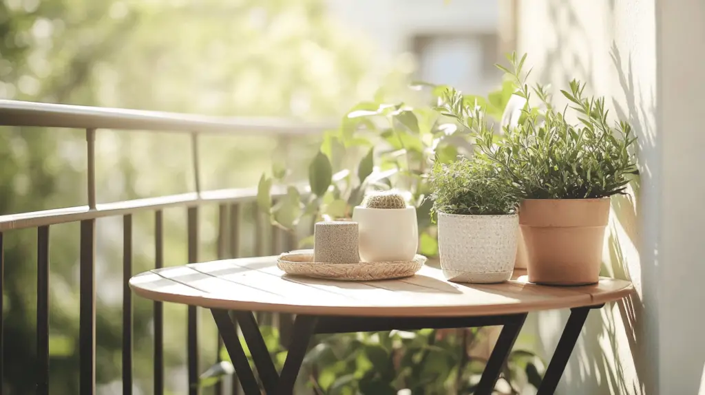 Pflanzen auf einem sonnigen Balkon Tisch
