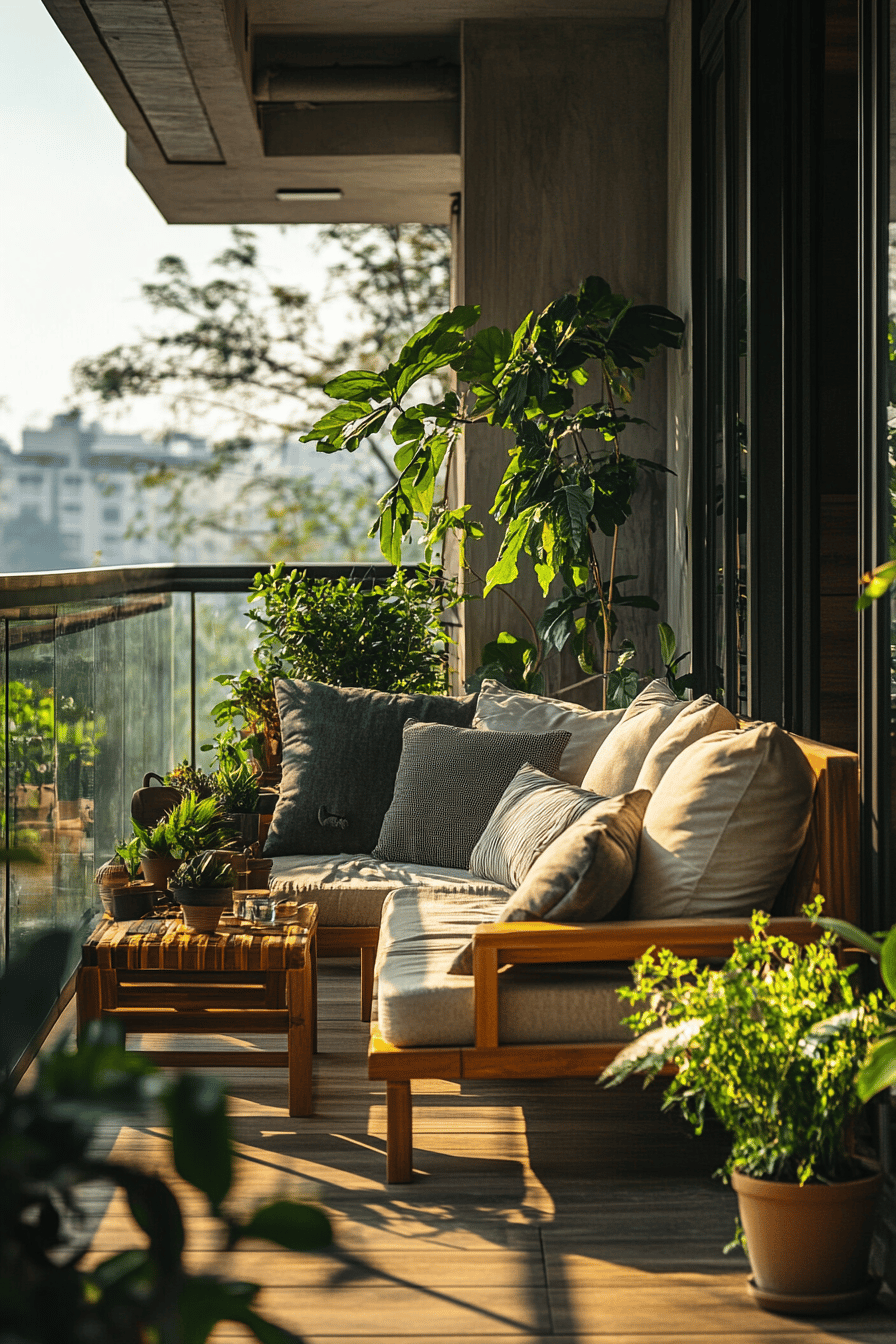 Ein großer Balkon mit bequemen Sitzmöbeln, vielen Kissen und Pflanzen in Töpfen.