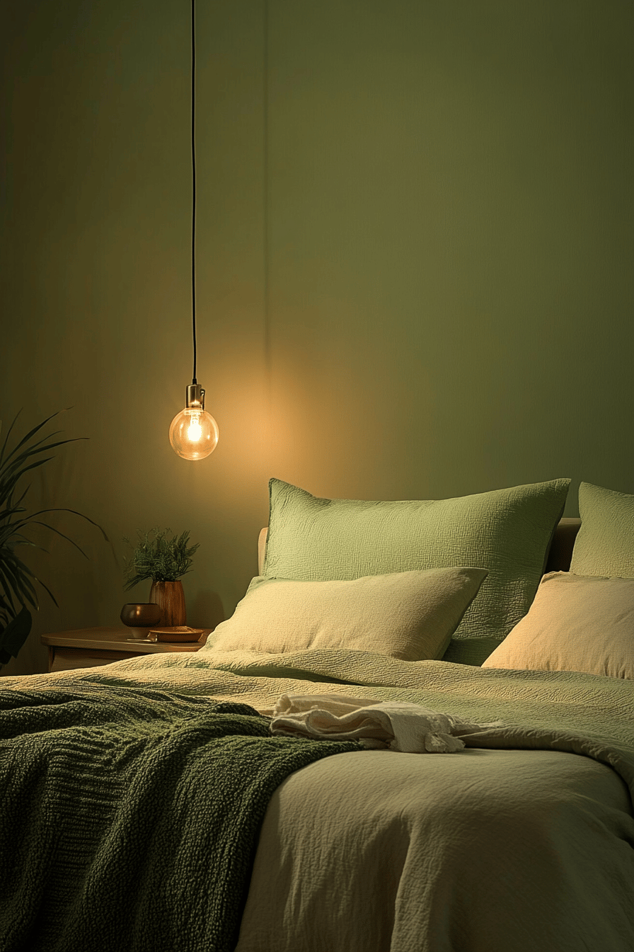Gemütliches Schlafzimmer mit grünen Wänden und Kissen.