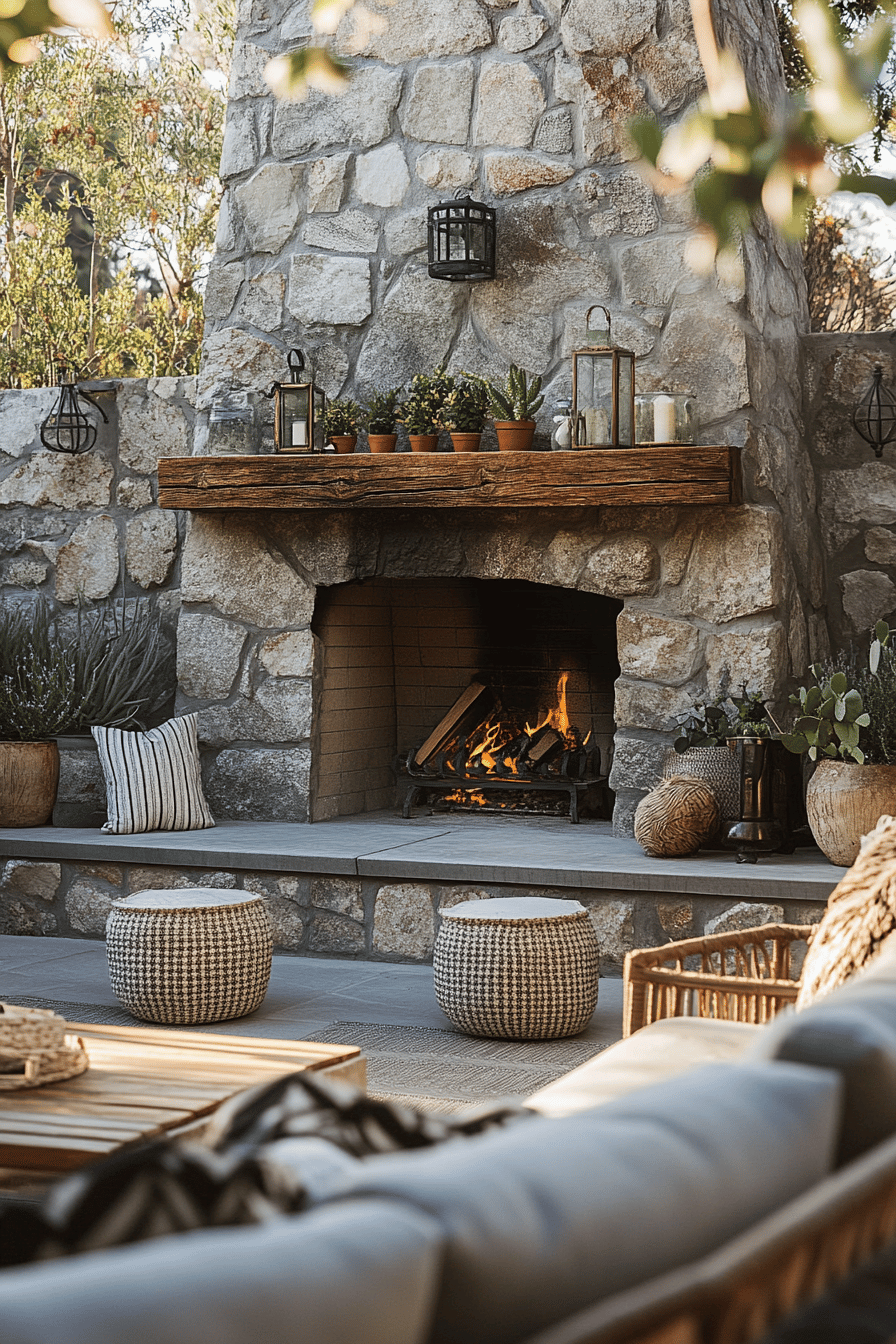 Ein rustikaler Gussteinkamin auf einer Terrasse mit Sitzgelegenheiten und Dekorationen.