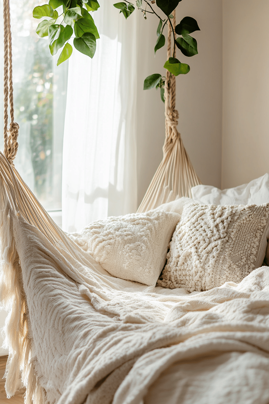 Eine gemütliche Hängematte mit weichen Kissen und Pflanzen im Hintergrund.
