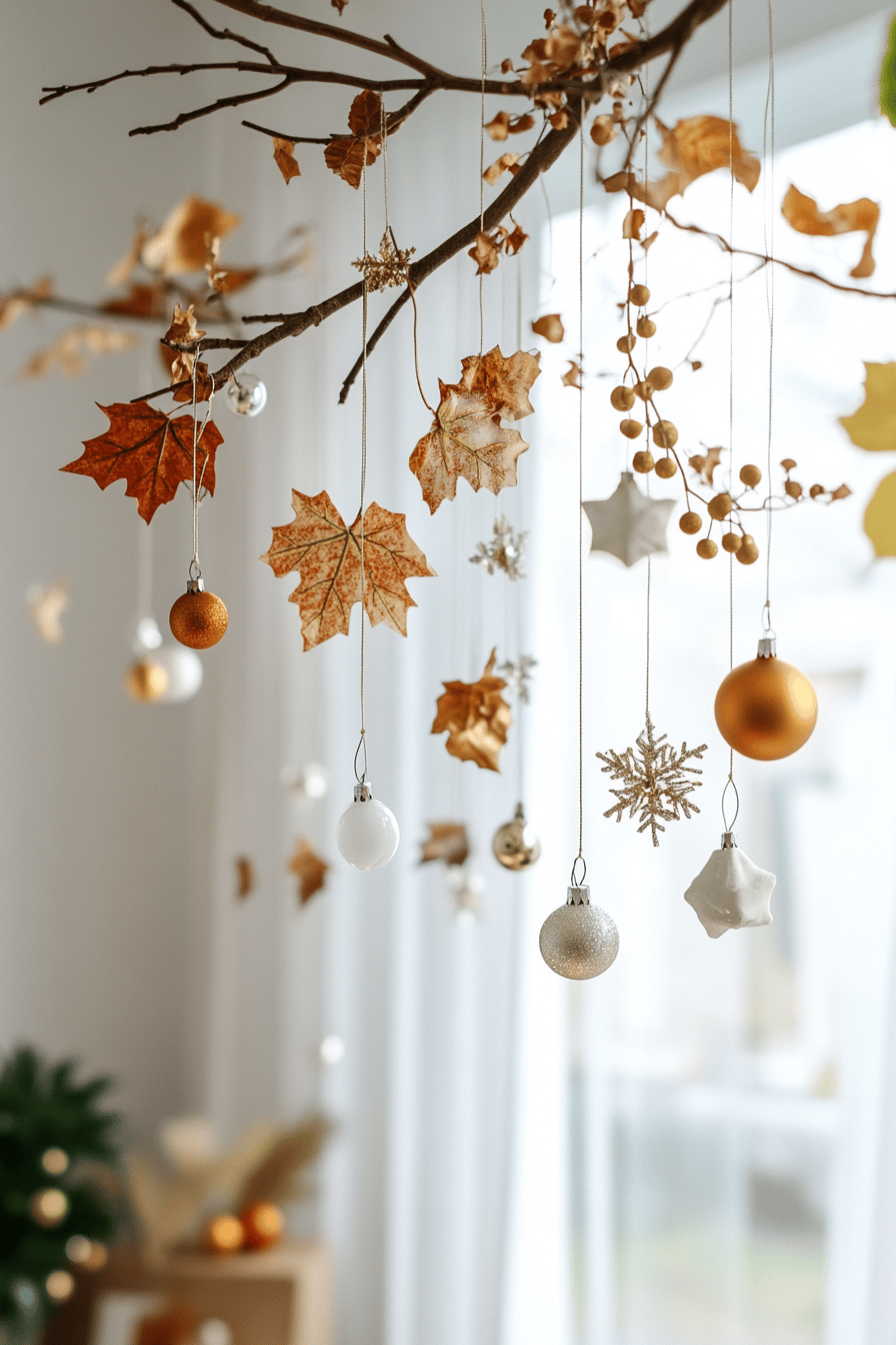 Ein hängender Ast mit herbstlicher Deko wie Blättern und Kugeln.