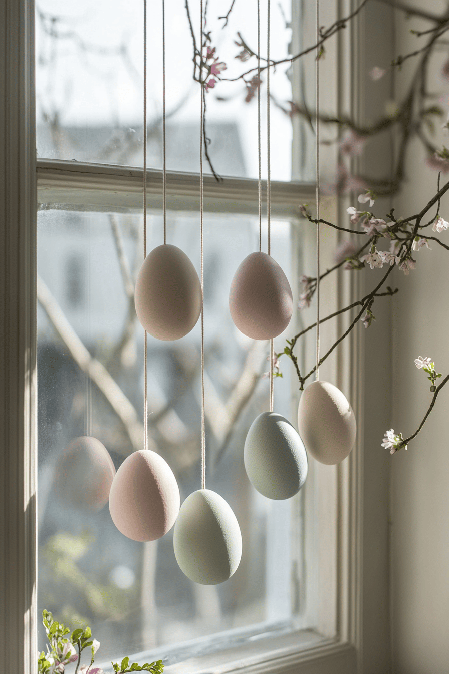 Pastellfarbene Eier hängen an Schnüren vor einem Fenster.