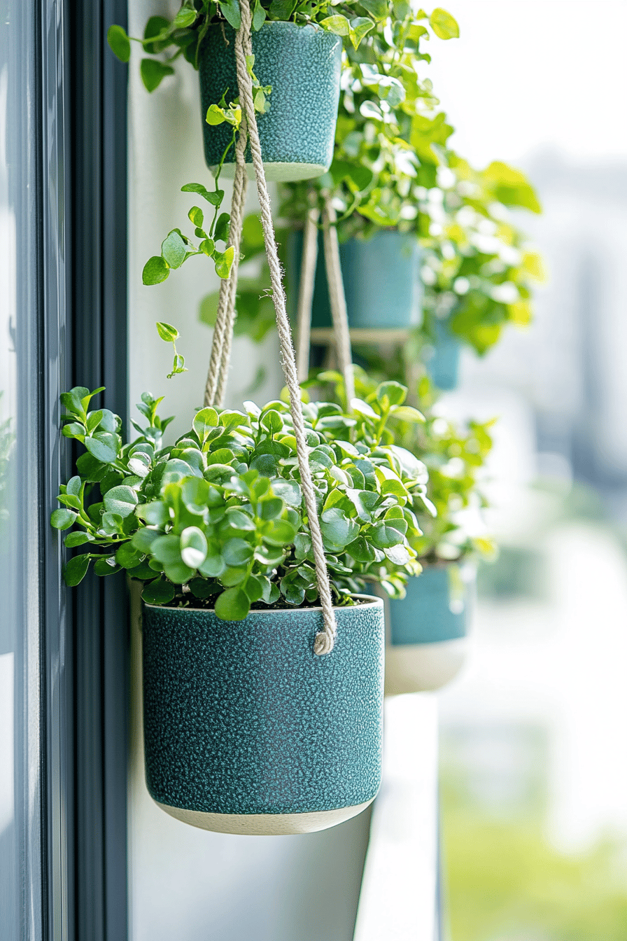 Hängende Pflanzgefäße aus Keramik mit grünen Pflanzen auf einem schmalen Balkon.