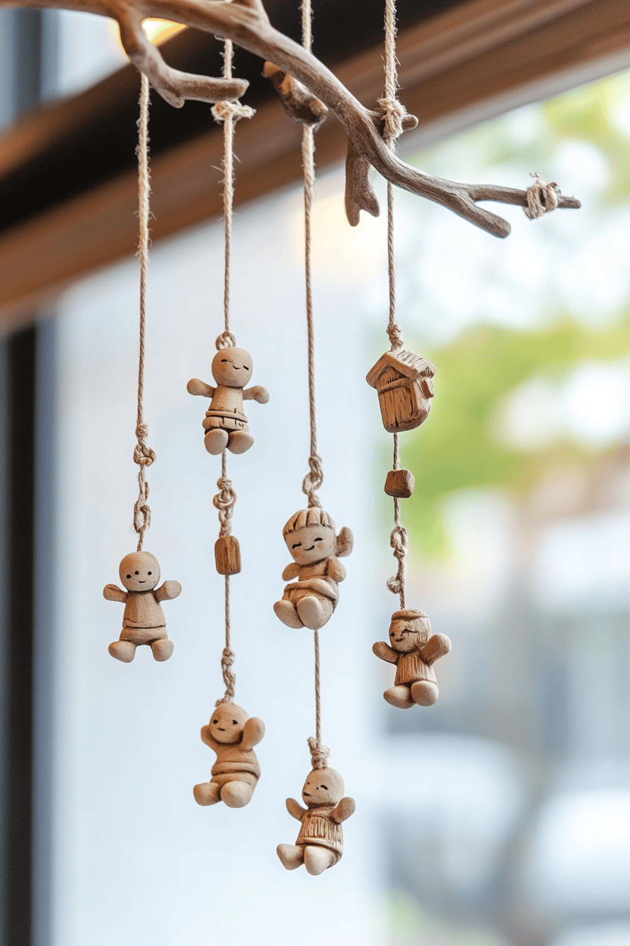 Ast mit hängenden kleinen Holzfiguren und Charms.