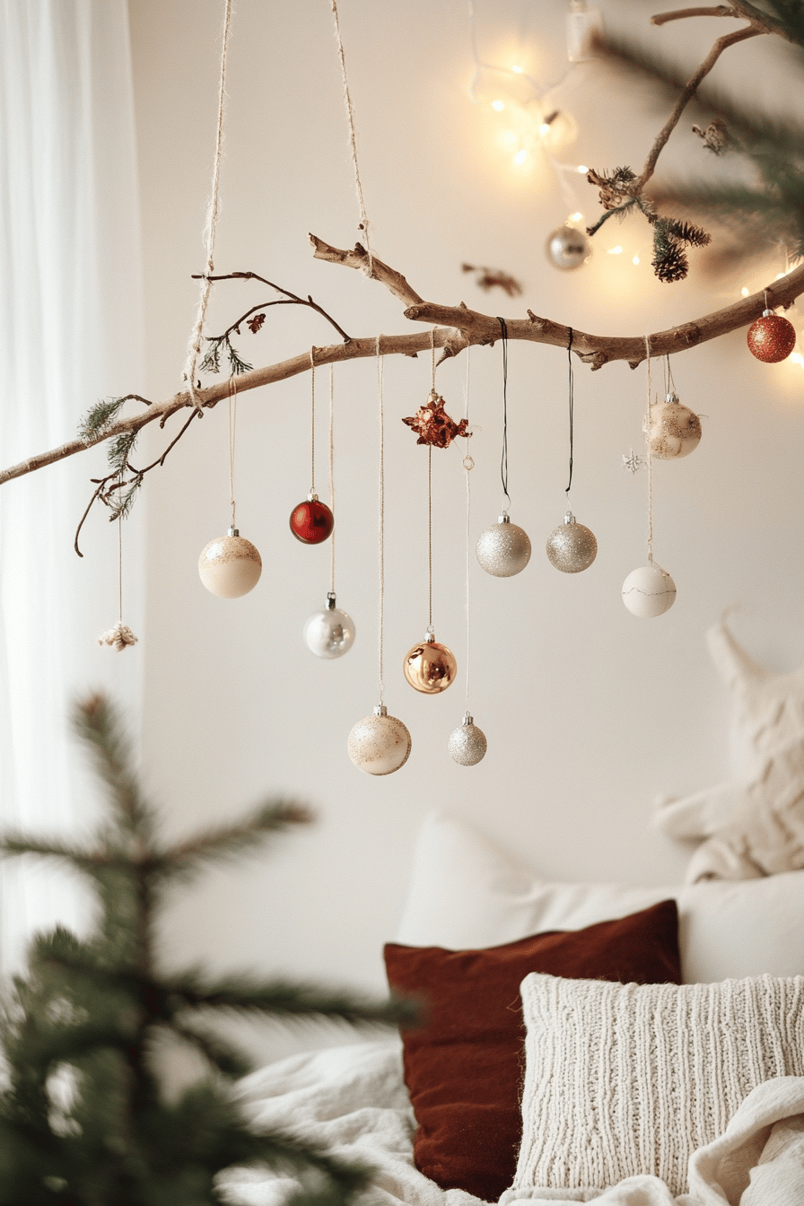 Ein hängender Ast, dekoriert mit Weihnachtsschmuck und Lichterketten über einem gemütlichen Sofa.