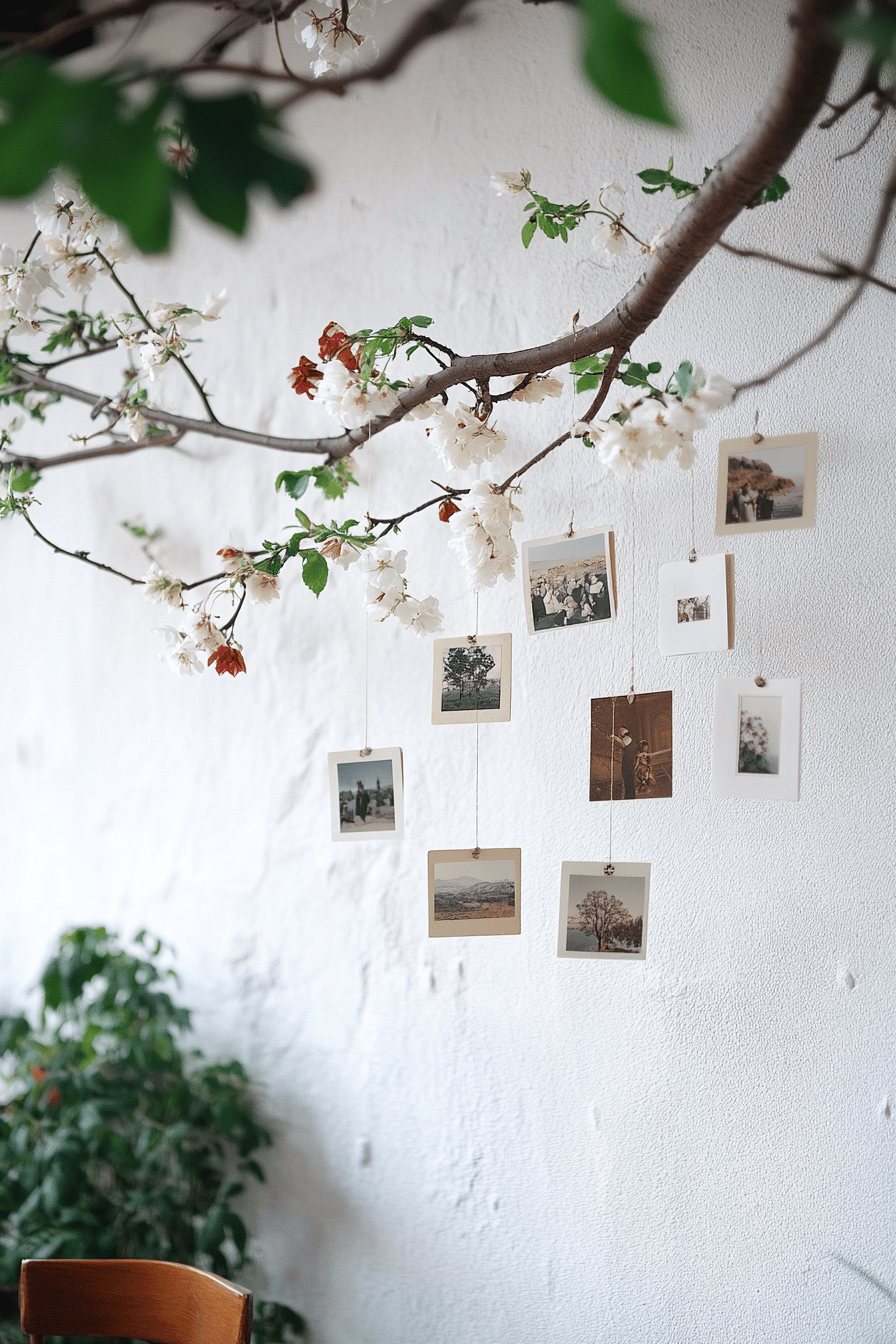 Fotos und Postkarten hängen an einem dekorativen Ast an der Wand.