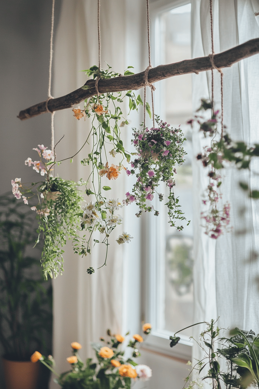 Hängender Ast mit verschiedenen Blumen und Pflanzen dekoriert.