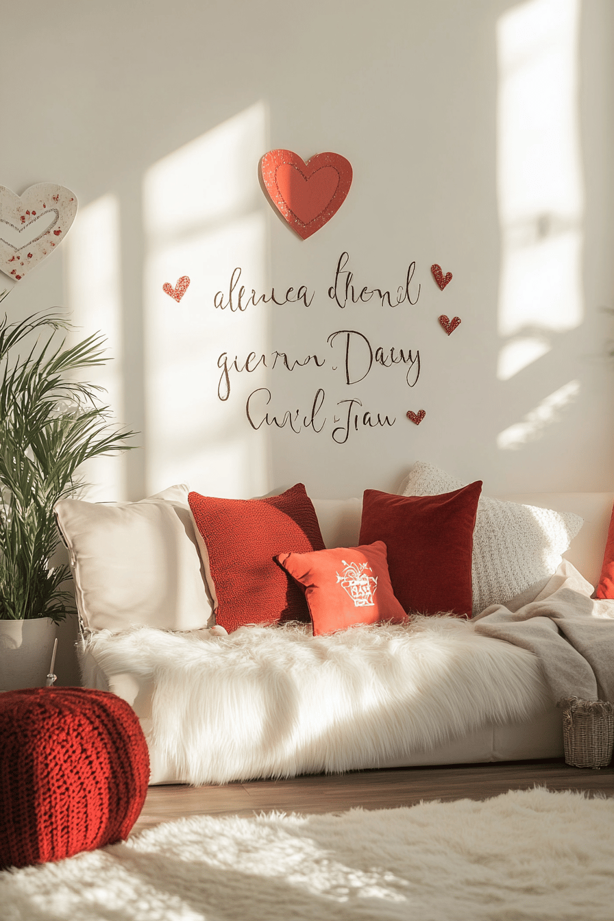 Wand mit Handlettering-Zitaten und Dekokissen in Rot- und Weißtönen.