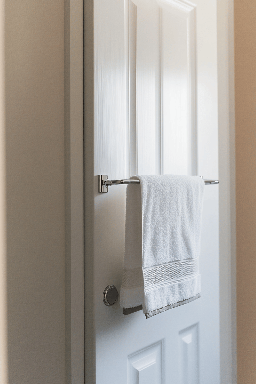 Ein Handtuchhalter an einer weißen Tür im Badezimmer.
