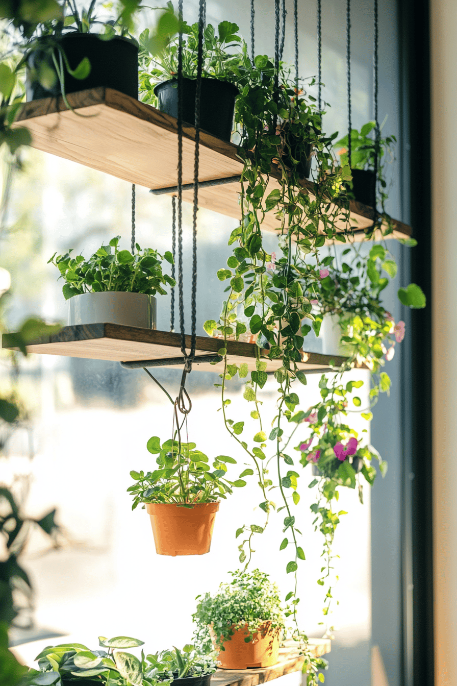 Hängende Pflanzen in Töpfen an einem Fenster.