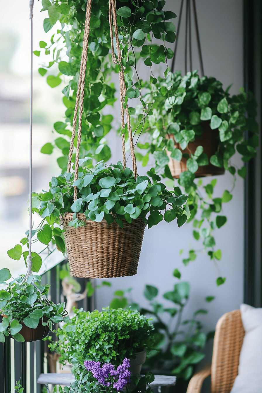 Hängetöpfe mit üppigen grünen Pflanzen auf einem Balkon.