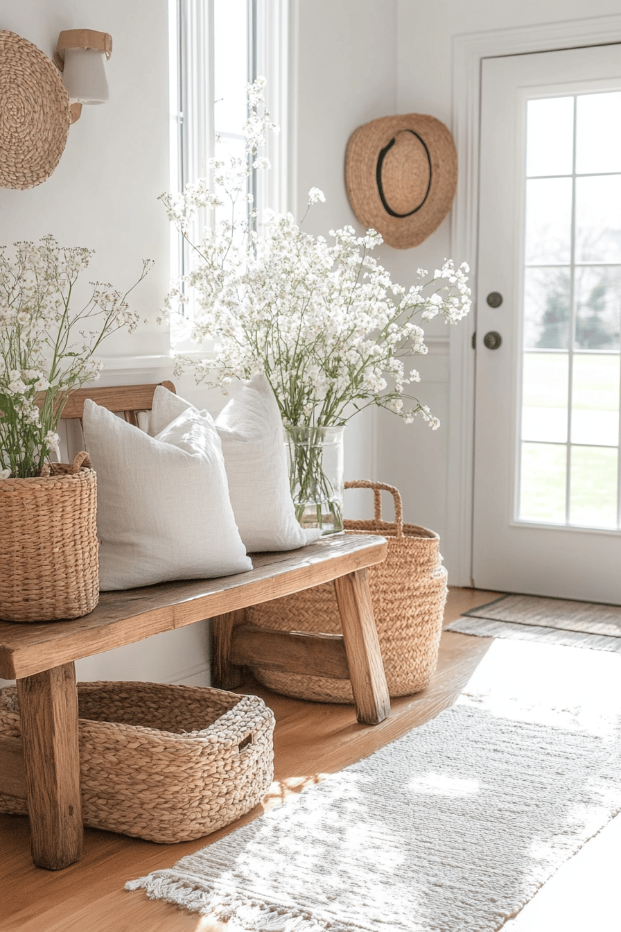 Hauseingang mit Holzbank, weißen Kissen und Körben aus Rattan.