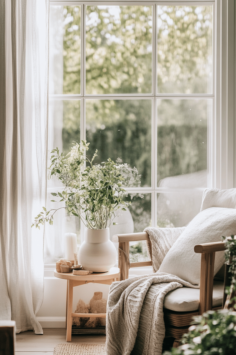 Helles Wohnzimmer mit Holzstuhl, Pflanze und Dekorationen im Frühlingsstil.
