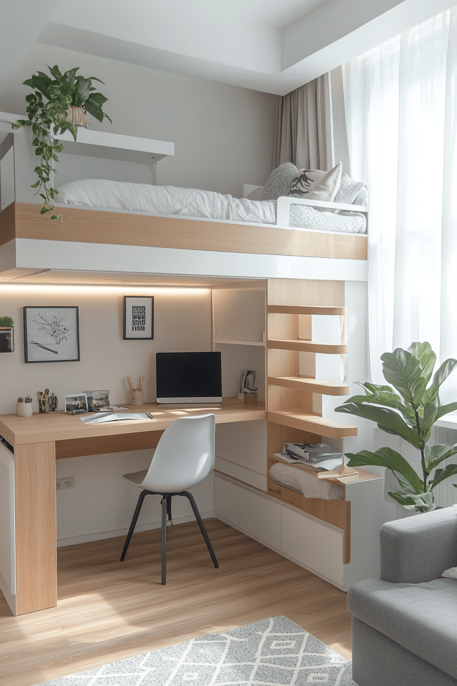 Ein modernes Hochbett mit integriertem Schreibtisch und Regal in einem kleinen Raum.