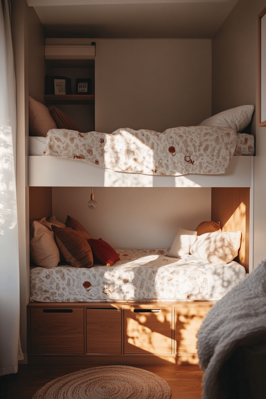 Ein gemütliches Hochbett in einem Dachzimmer mit weichen Kissen und Decken.