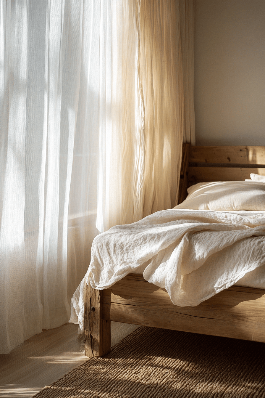 Ein Holzbett mit weißen Laken neben einem Fenster mit sanft fallenden Vorhängen.