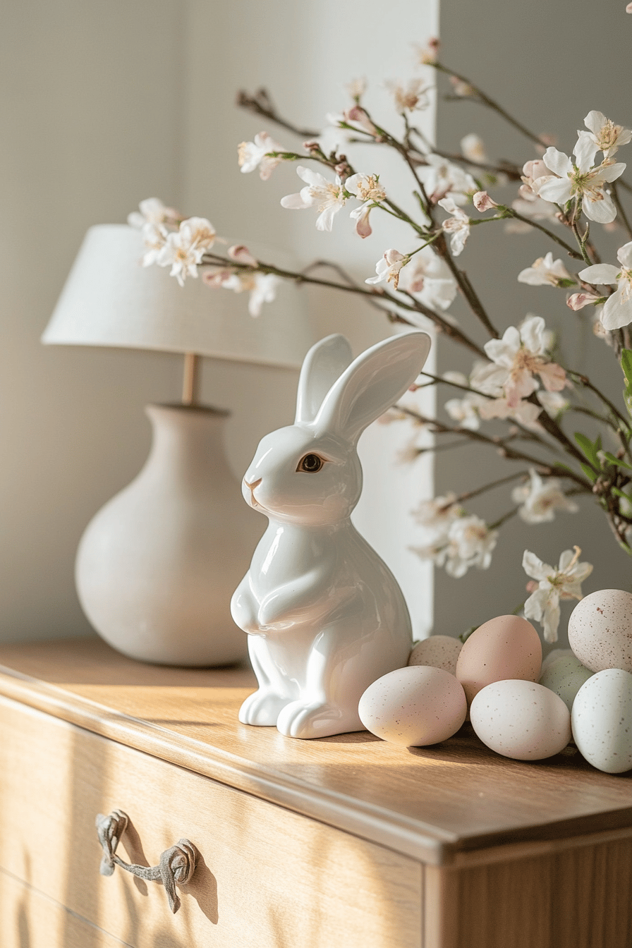 Ein Keramikhase steht auf einer Kommode, umgeben von Osterdekoration.
