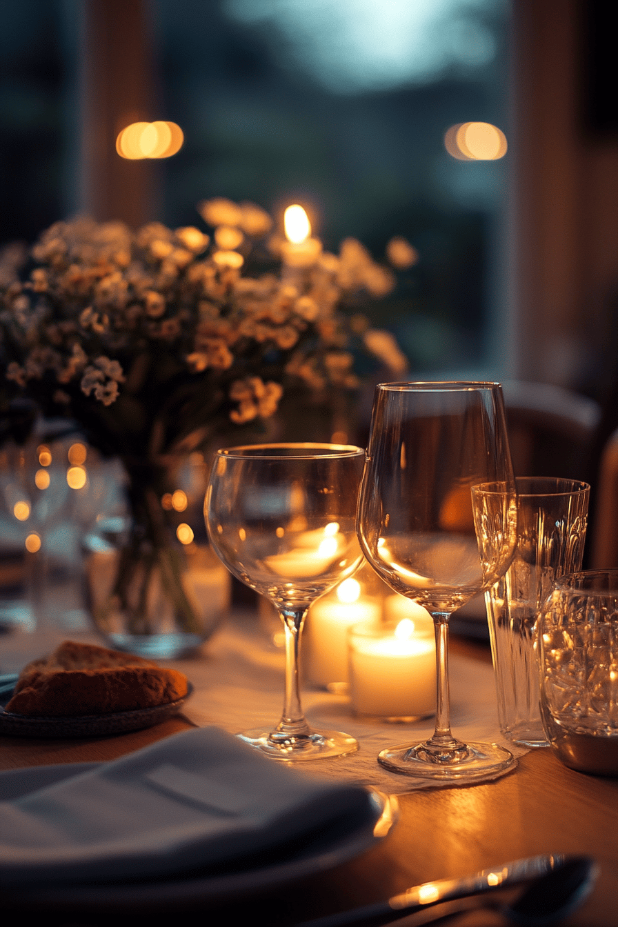 Ein elegant gedeckter Tisch mit Kerzen, Gläsern und einem Blumenstrauß im Hintergrund.