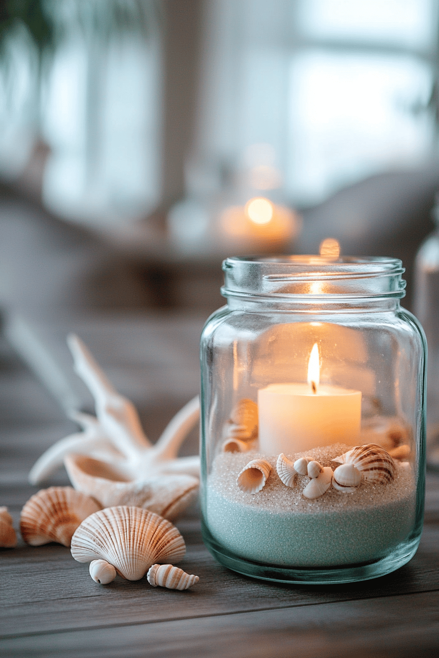 Ein Glas mit Sand und Muscheln, in dem eine Kerze brennt.