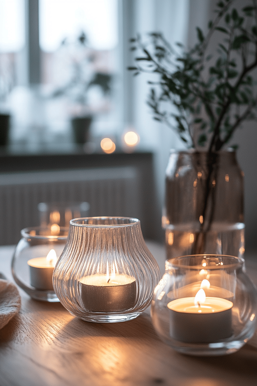 Kerzen in Glasbehältern auf einem Tisch mit weichem Licht.